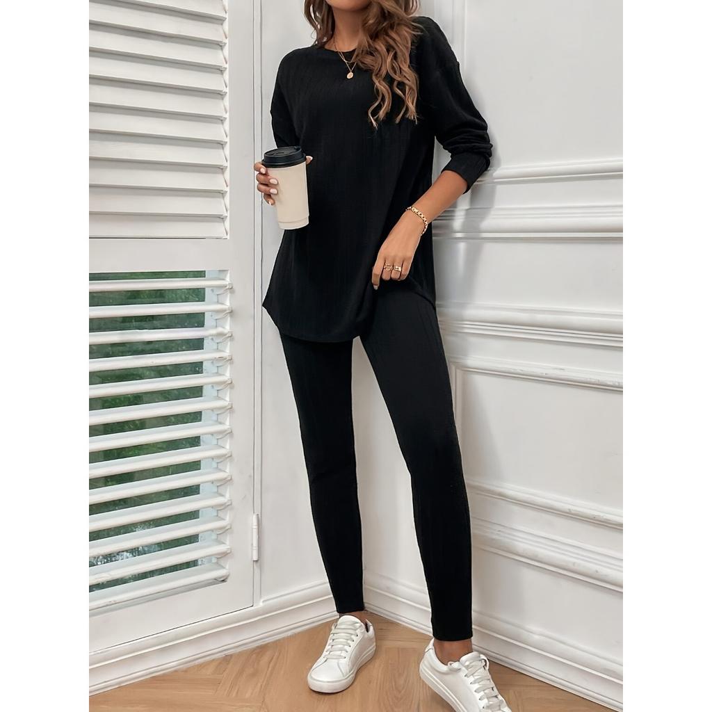 Female Suit, Autumn New Fashionable Casual Temperament Loose Round Neck Pit Stripe Knitted Suit for Women