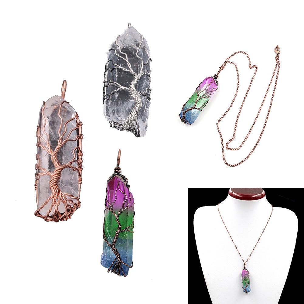 JOVIVI Tree Of Life Healing Crystal Pendant Necklace – Clear Quartz, Amethyst & More For Energy & Chakra