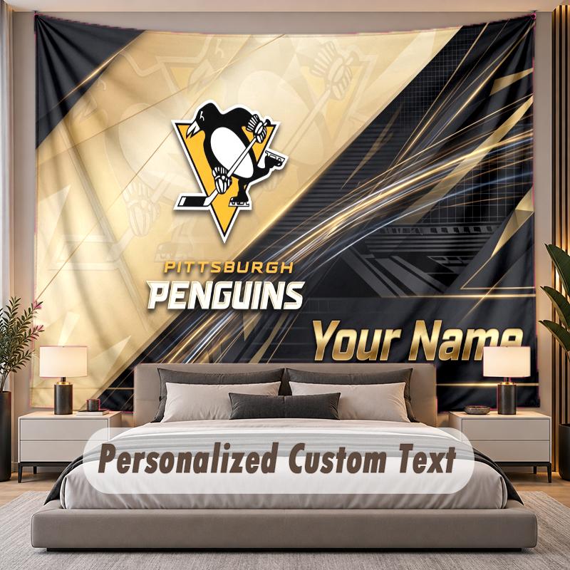 Custom Name Text Tapestry Pittsburgh Penguins Personalized Polyester Wall Tapestry For Bedroom And Room