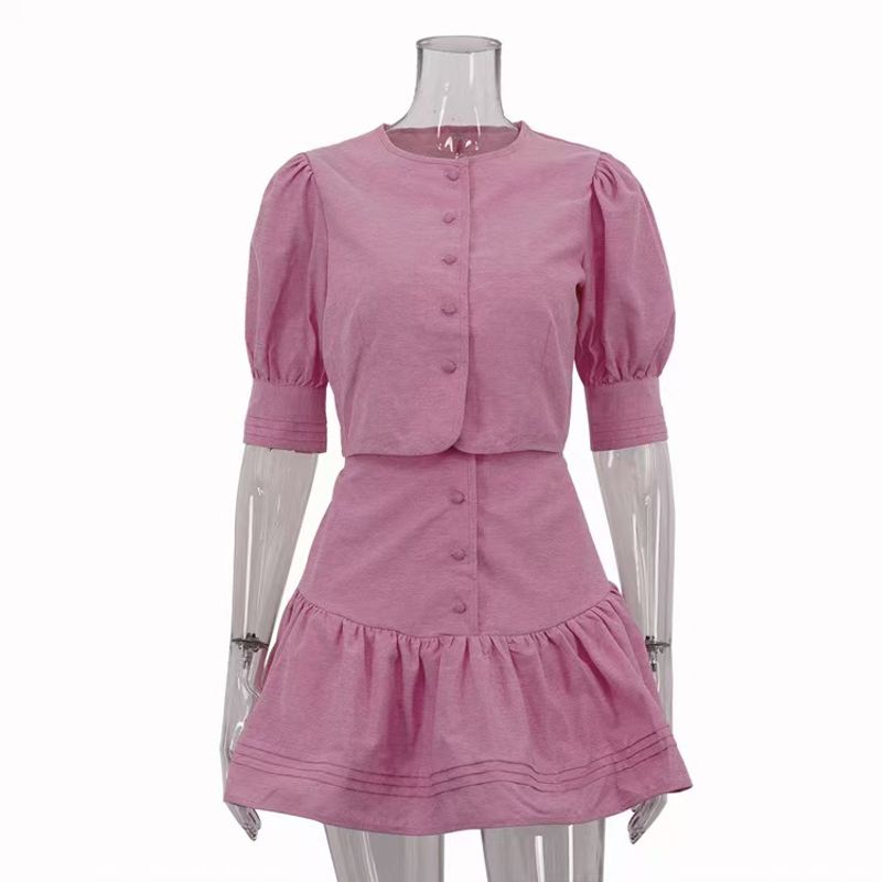 

Fashion Wind New Arrival Fashion Graceful Puff Sleeve Shirt Skirt Two-Piece Suit Shirt and Skirt Set Pink L