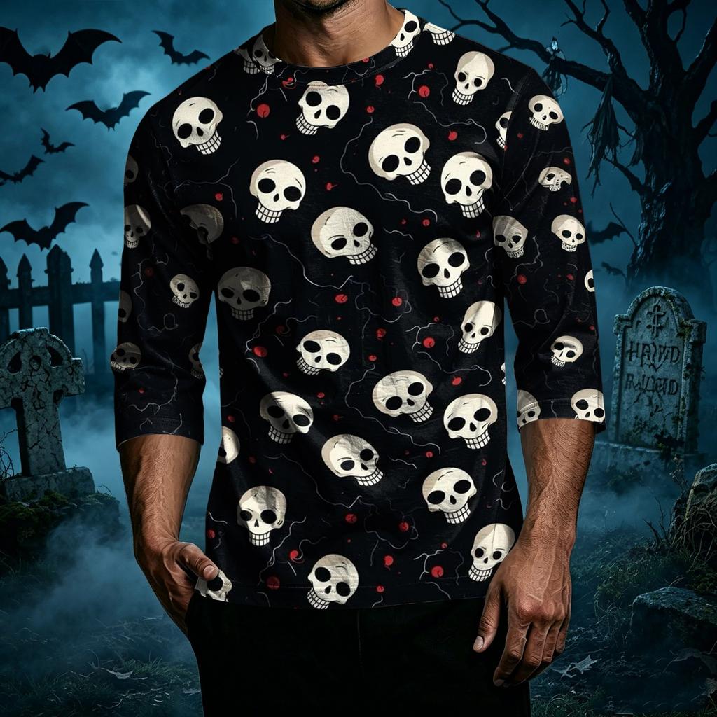 Men's Casual Halloween Pumpkin Print Raglan Sleeve T-Shirt Crew Neck Three Quarter Sleeve Top Lightweight Comfortable Fit