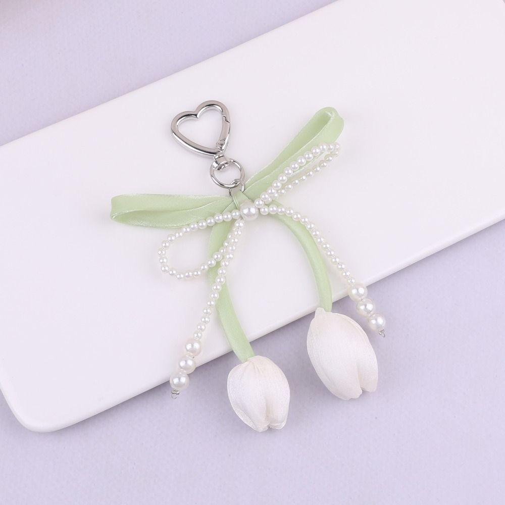 Handmade Tulip Pendant Cartoon Heart Bag Charm Trendy Pearl Tulip Keychain  Car Accessory