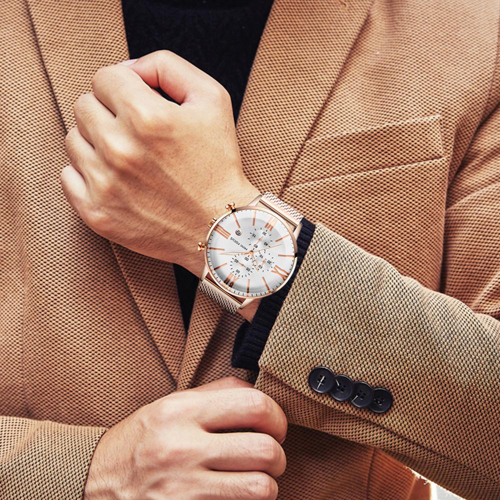 Topplyx Med Låda MINI FOCUS Märke Mode Herrklocka Multifunktionell Kalender Vattentät Stålmesh Kvarts Klockor