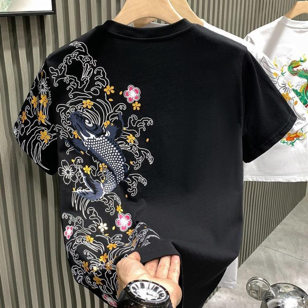Chinese Style Carp Embroidered Thin High-end Fashion Short-sleeved T-shirt