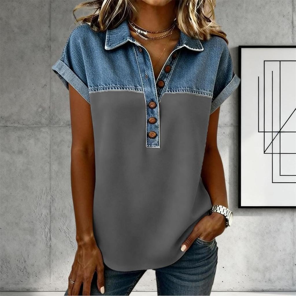 Denim Patchwork Shirts For Women Stand Collar Casual Blouse Short Sleeve Comfy Tshirt Spring Summer Fashion