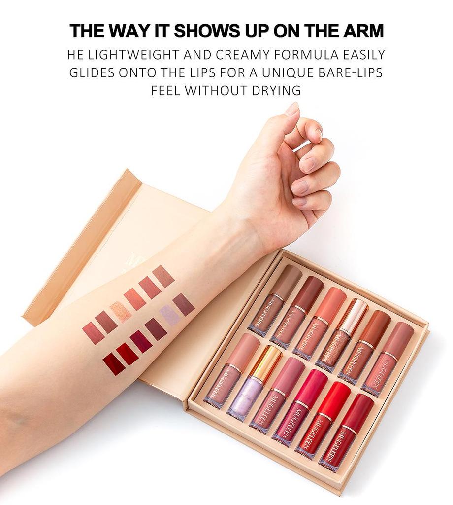 12-Piece Matte & Shimmer Lip Gloss Set: Non-Stick, Long-Lasting, European & American Style