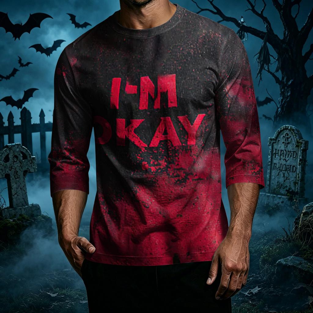 Men Casual Halloween Print Crew Neck T Shirt Three Quarter Sleeve Relaxed Fit Top for Everyday Wear