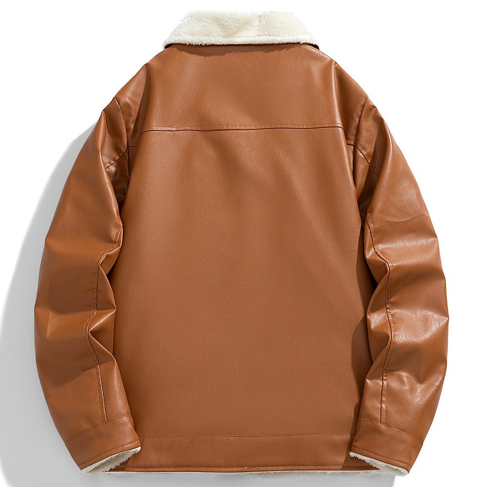 Men's Casual Jacket Autumn and Winter PU Leather Jacket Lapel Retro Leather Jacket Versatile Plush Jacket