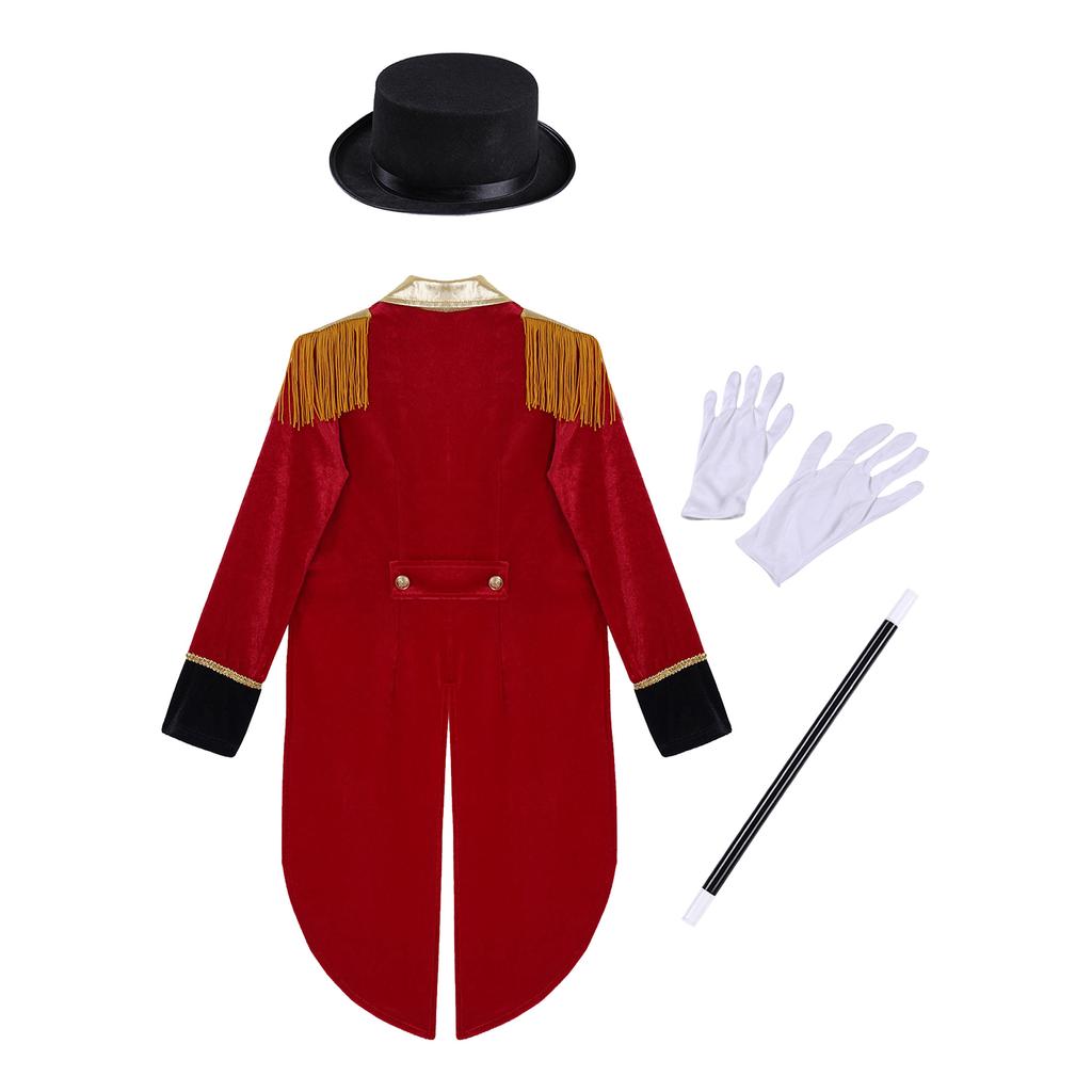 Boys Circus Costume Set Long Sleeve Lapel Tassel Shoulder Tailcoat Complete Hat Magic Wand Gloves Accessory Kit