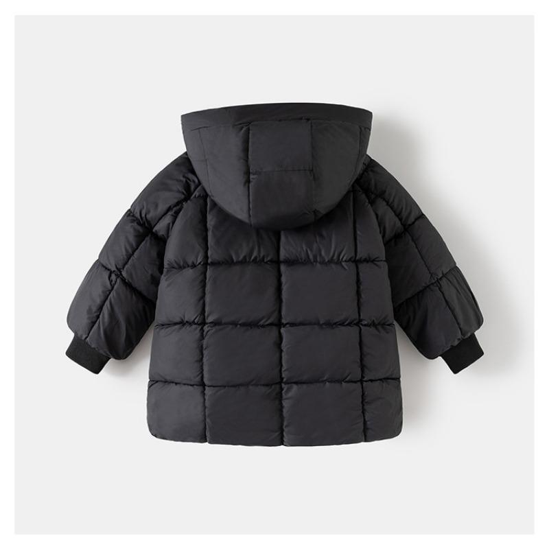 Kids Solid Korean Style Thick Padded Hooded Mid Length Winter Coat