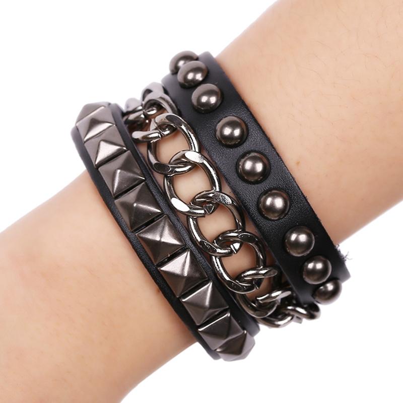 Multilayers Rock Spike Rivets Chain Bracelet Gothic Punk Wide Cuff Leather Bracelet Bangle Fashion Bracelet Jewelry