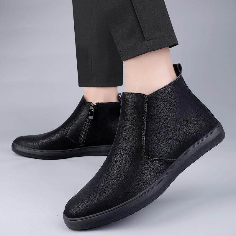 Fashion Winter New Velvet Chelsea Men's Boots Luxury Brand Business High Top Shoes Comfortable Flats Bottom Soft Quality Leather Boots