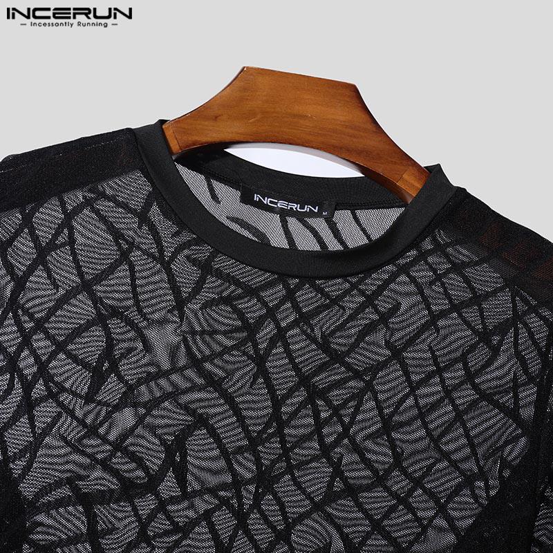 INCERUN Men Round Neck Long Sleeve Mesh Skinny Tops See Through T-shirts Undershirts