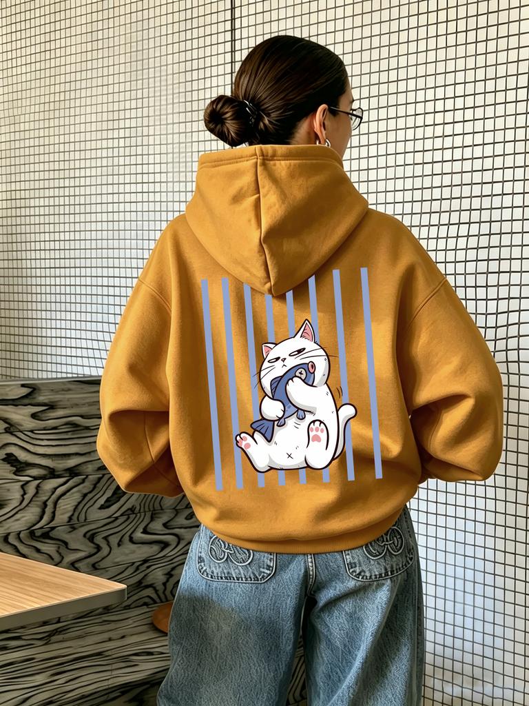 Women's hooded sweatshirt, featuring cat and fish patterns, with a casual style, suitable for running, Y2K trend