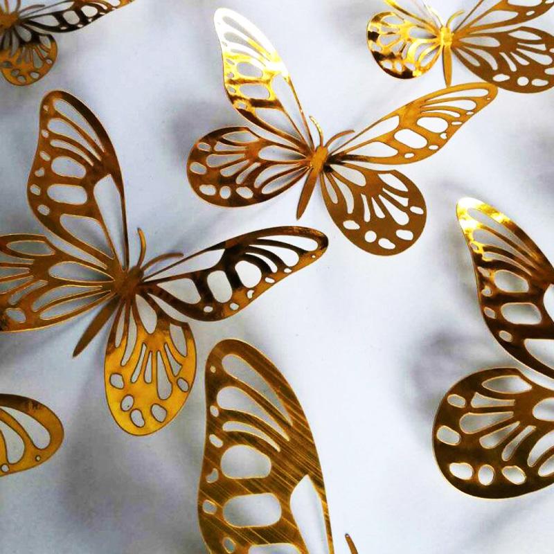 12Pcsset Gold Silver Hollow Butterfly Wall Stickers 3D Butterflies Bedroom Living Room Home Decoration Applique Wedding Decor