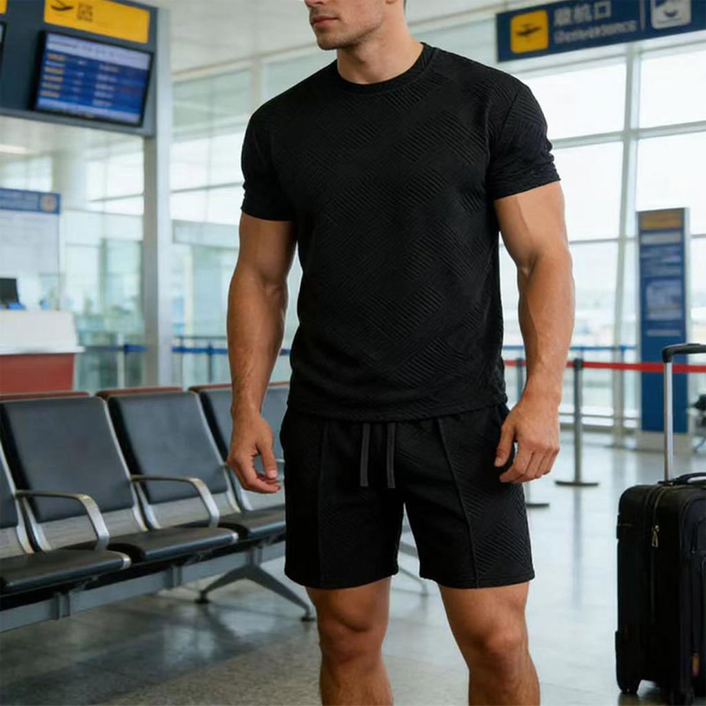 Men's Summer Crew Neck T-Shirt and Shorts Set Two-Piece Casual Sportswear Lightweight Breathable Fabric Suitable for Outdoor Activities