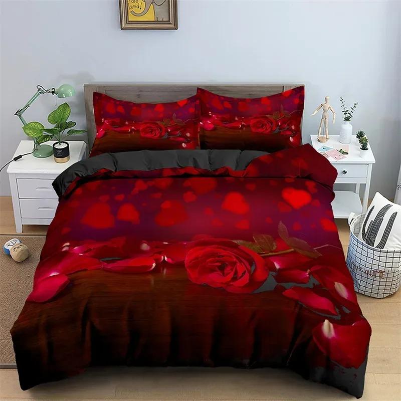 Floral Duvet Cover Set Full Size 3D Red Rose Bedding Set Microfiber Romantic Flowers Quilt Cover Wedding Valentine's Day Decor