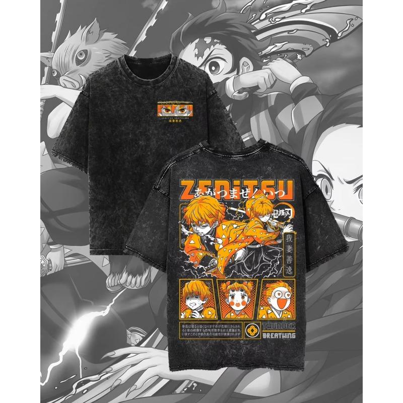 Anime Style Shibuya Fashion Demon Slayer Shin-Ei Pattern Washed T-shirt Street Fashion Short-sleeved Shirt S