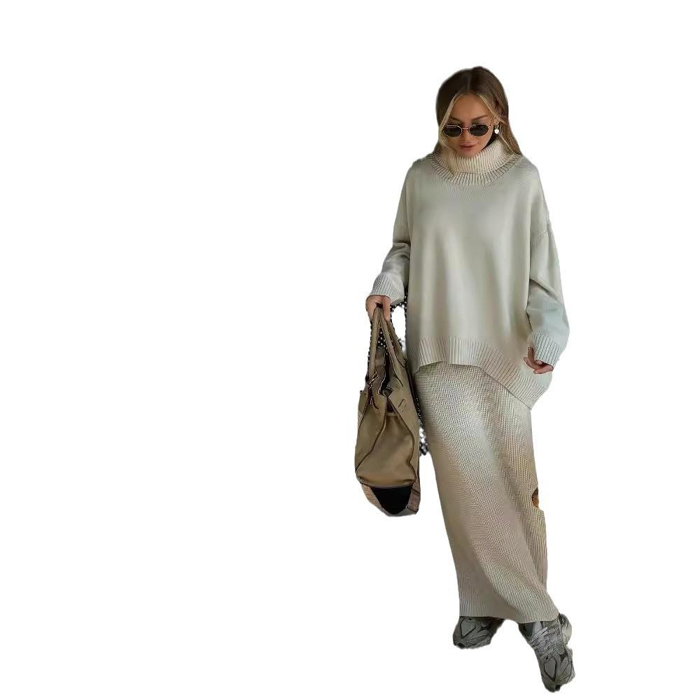 French knitted two-piece set, autumn/winter high neck, long sleeve, lazy drape sweater, straight-leg loose midi skirt for women