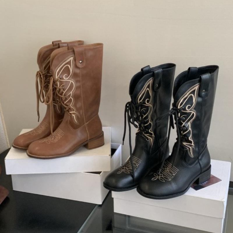 Fashion Retro Butterfly Embroidery Wedges Ankle Boots Women Fashion Rivet Sewing Lace Up Mid Calf Boots Luxury Cozy Brand Designer Boots