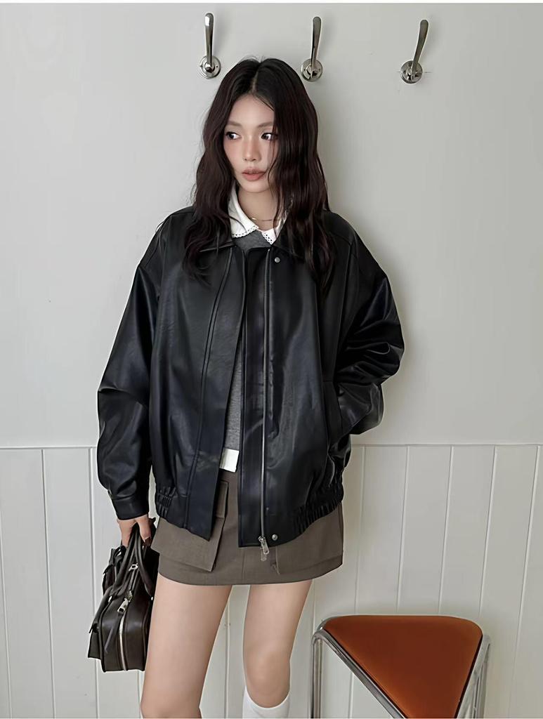 2025 Trendy American Retro Leather Jacket - Loose Fit for Spring & Autumn, Unisex Motorcycle Style, Cool Black