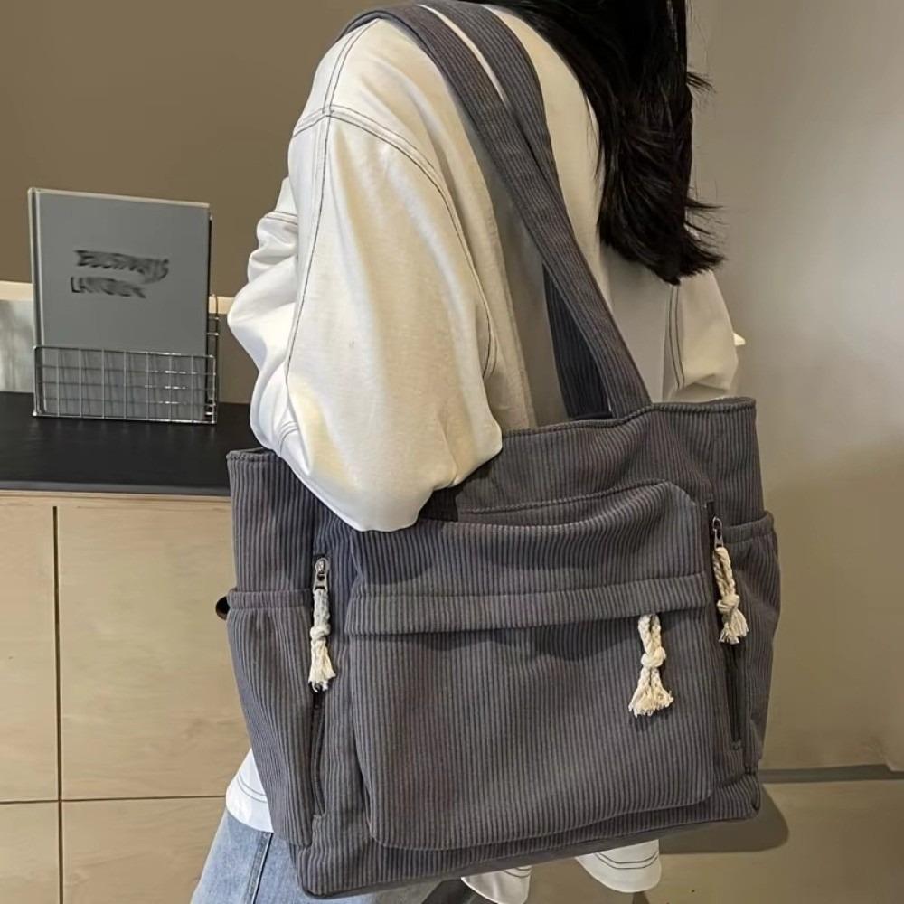 Corduroy Work Shoulder Bag Large Capacity Casual Tote Bag Handbags Solid Color with Multiple Pocket Crossbody Bag For Women