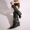 Fashion Punk Style Rivet Belt Strap Knight Boots Women Pointed Toe Wedge Heel Knee High Botas Mujer Fashion Black PU Leather Long Boots