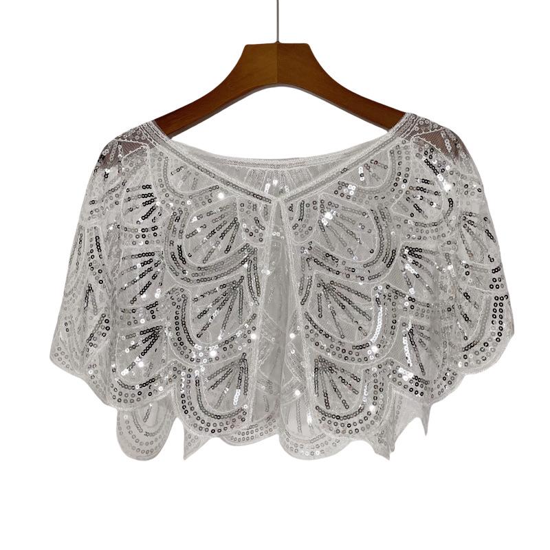 

Универсальная кружевная шаль с бисером, сетчатая, с пайетками, короткий вечерний болеро-кардиган белый/серебряный