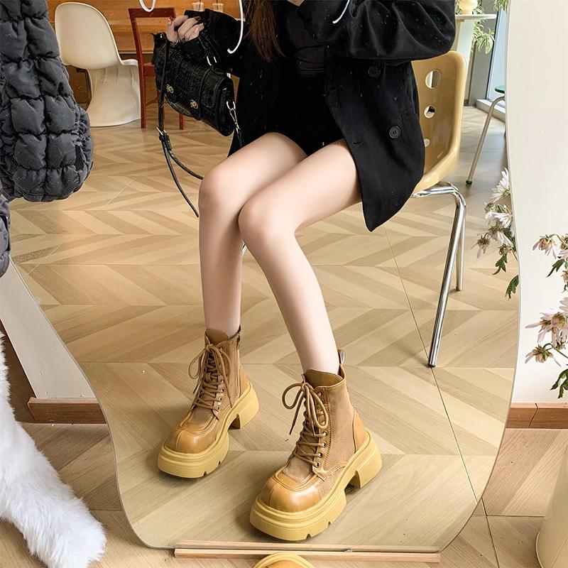 Fashion 2024 New Internet Famous Lace Up Fashion Boots for Women Round Toe Side Zipper Thick Soled Casual Knight Boots Plus Size 40