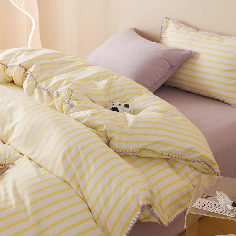 Yellow Stripe Bedding Set Protein Durable Washed Cotton Block Shell Embroidery Comforter Warm Cover Full Size with Pillowcases