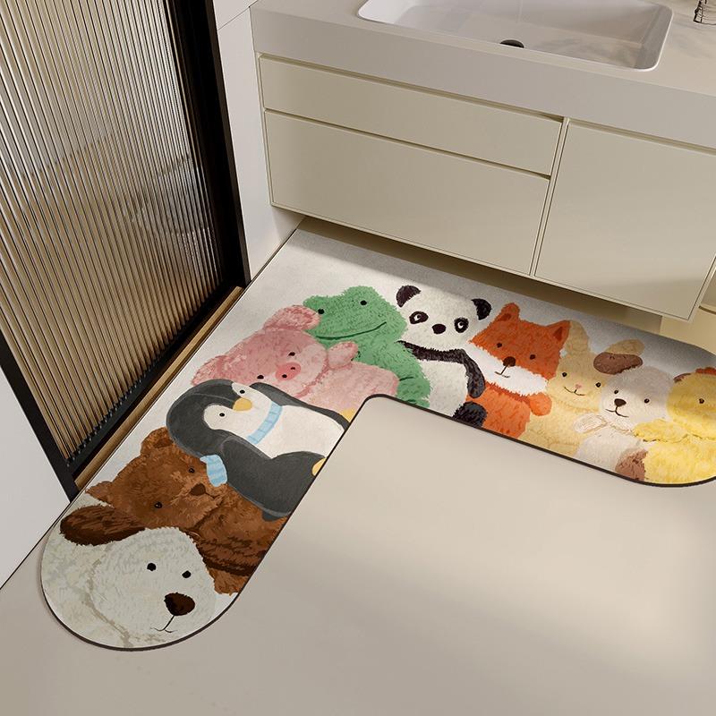 L-shaped Bathroom Door Mat Cute Cartoon Kitchen Diatom Mud Carpet Animal Pattern PVC Floor Mats Non-slip Water-absorbing Rug