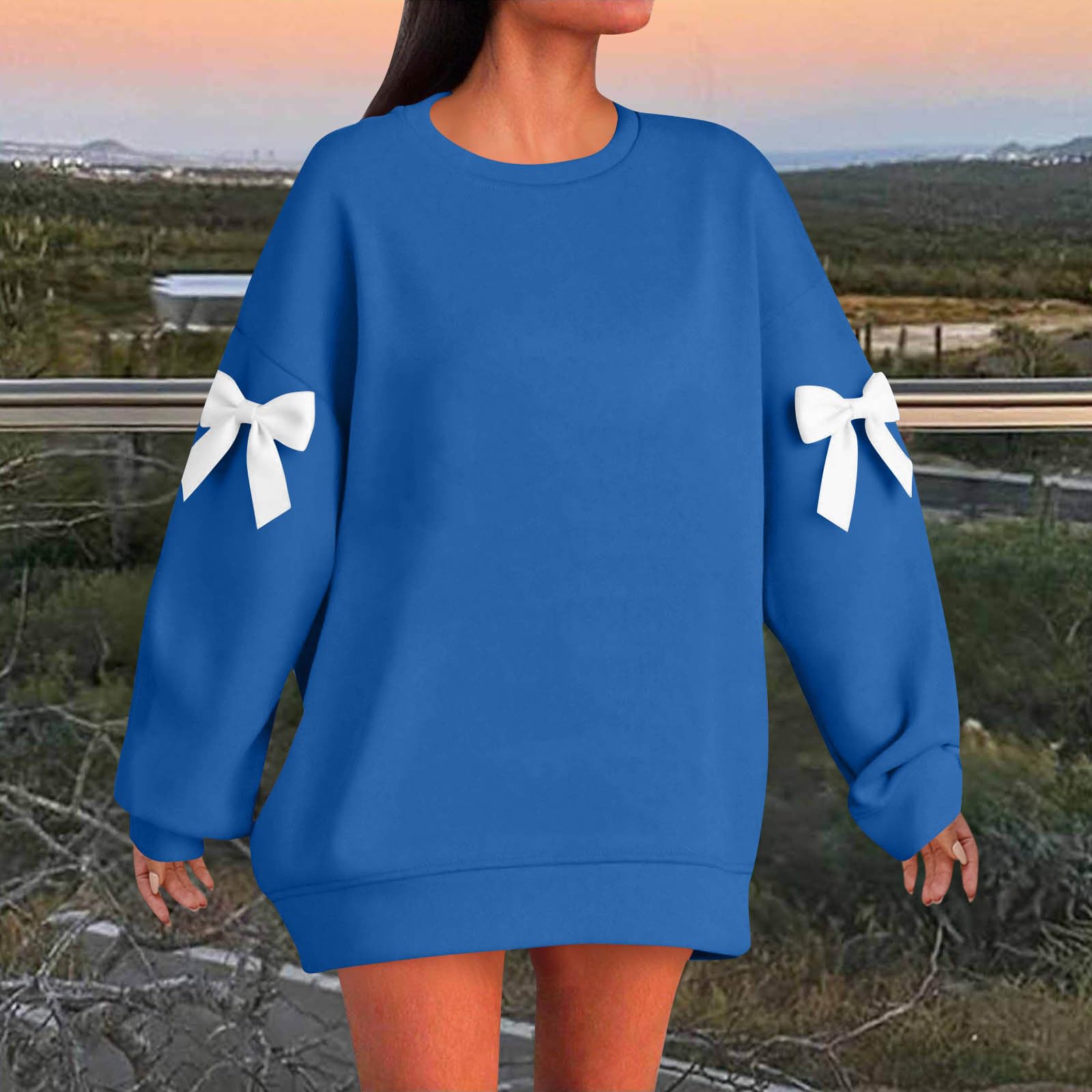 

Women s Solid Color Bow Round Neck Long Sleeved Loose Pullover Sweater Sweatshirt L