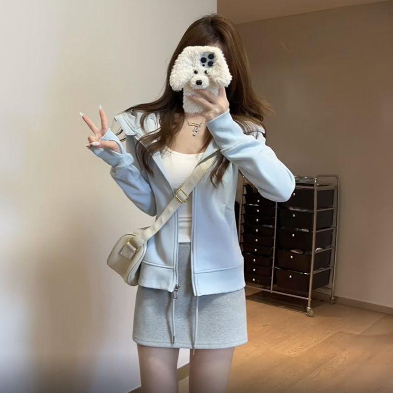 Slim-Fit Light Blue Hoodie Jacket - Versatile, Fashionable Spring/Autumn Cardigan Top