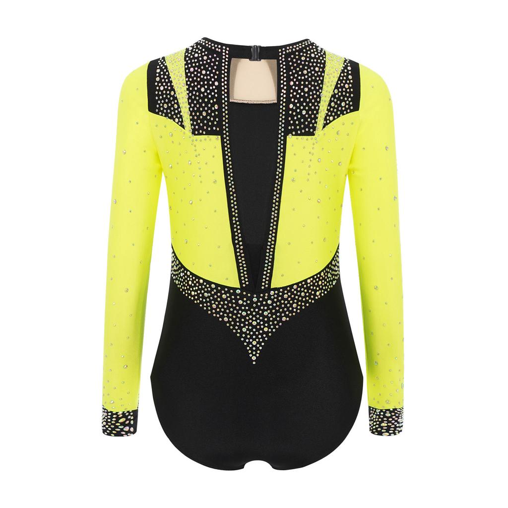 Jenter Scenekostyme - Rhinestone Leotard Langermet Nøkkelhullrygg for Kunstløp & Gymnastikk