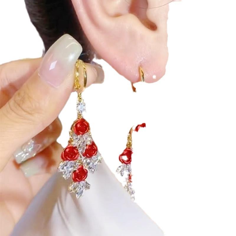 Elegant Red Rose Star Wave Earrings - High-End Light Luxury Long Studs for Women