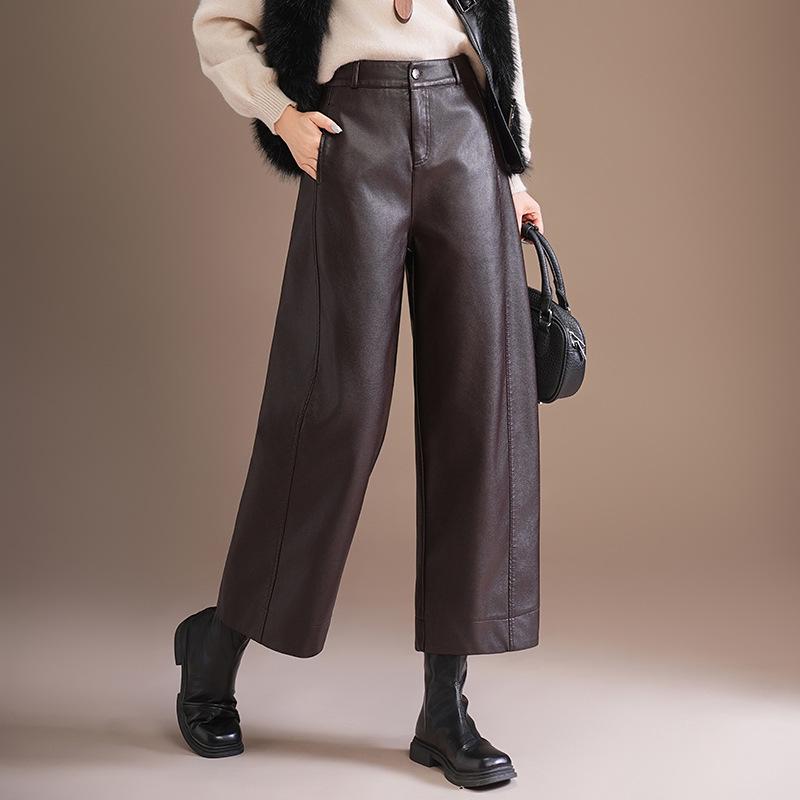 

2025 Winter High-Waisted Slimming PU Leather Wide-Leg Pants for Women XL темный кофе