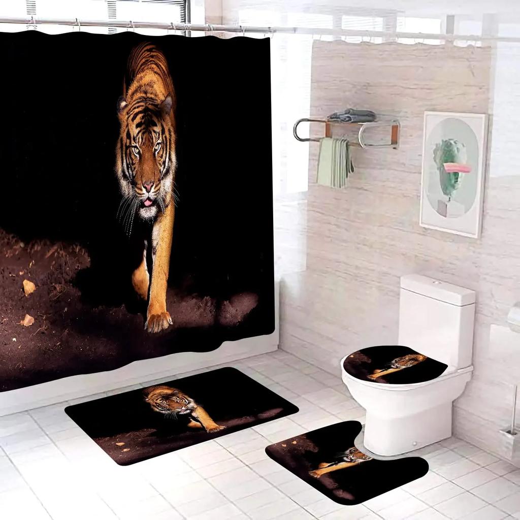 Black Tiger Animals Printed Shower Curtain Set Bathroom Bathing Screen Anti-Slip Toilet Lid Cover Carpet Rugs Kitchen Home Decor