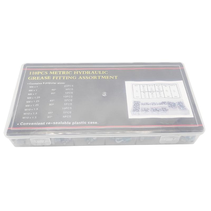 110Pcs Metric Grease Fittings Kit Hydraulic Grease Zerks Fittings Standard Straight 90 Degree 45 Degree Angled Grease