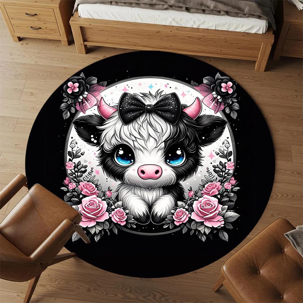 1PC Cute Cow Floral Cute Round Chair mat Area Rug - Non-Slip, Floor Mat for Office, Bedroom, home decor Christmas Gift c0528016