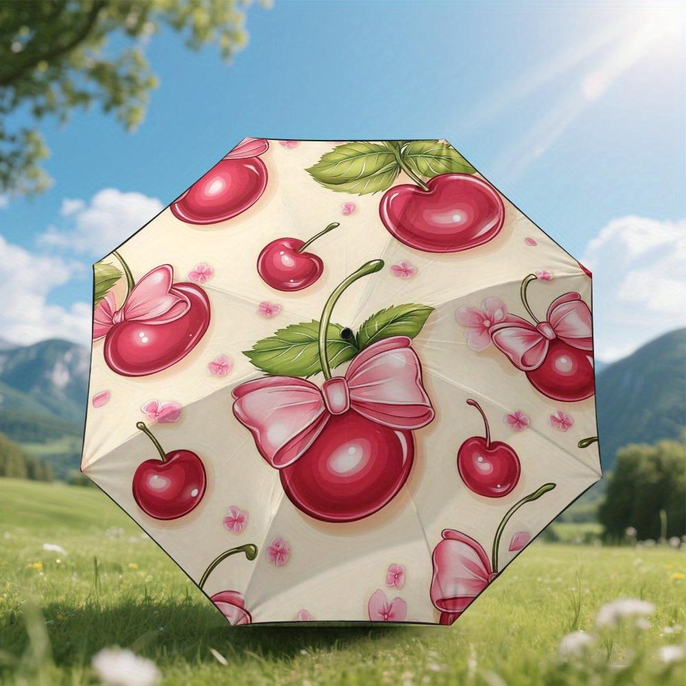 

1pc Automatic Open/Close Umbrella with Cherry & Pink Bow Print - 8-Rib Sturdy Compact Folding Parasol, Pastel Colors for Women (as the picture,Iron&8K)