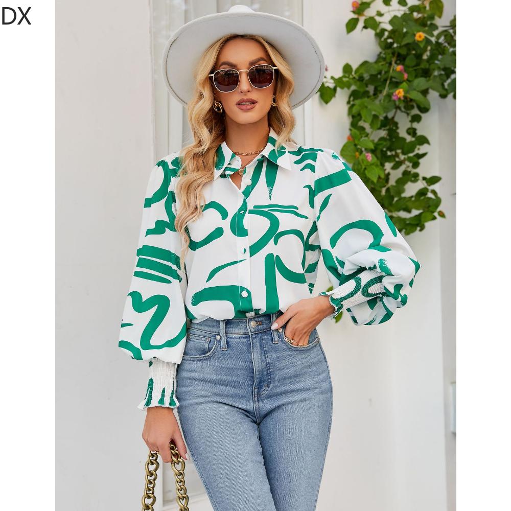 DX2018-8127 # - New Top Casual Print Bubble Shoulder Lantern Long Sleeve Shirt Women