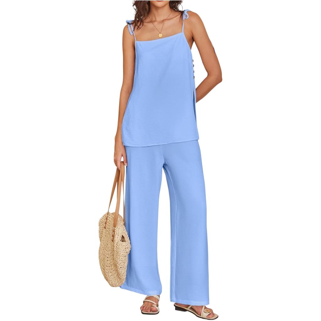 Women's Casual Summer Cotton And Linen Fashion Thin Shoulder Strap Vest Pants Set