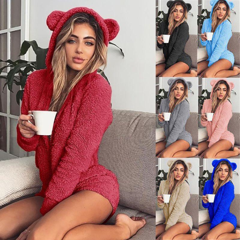 Cozy Women's Fluffy Faux Fleece Hooded Shorts Romper Pajamas Nightwear Set