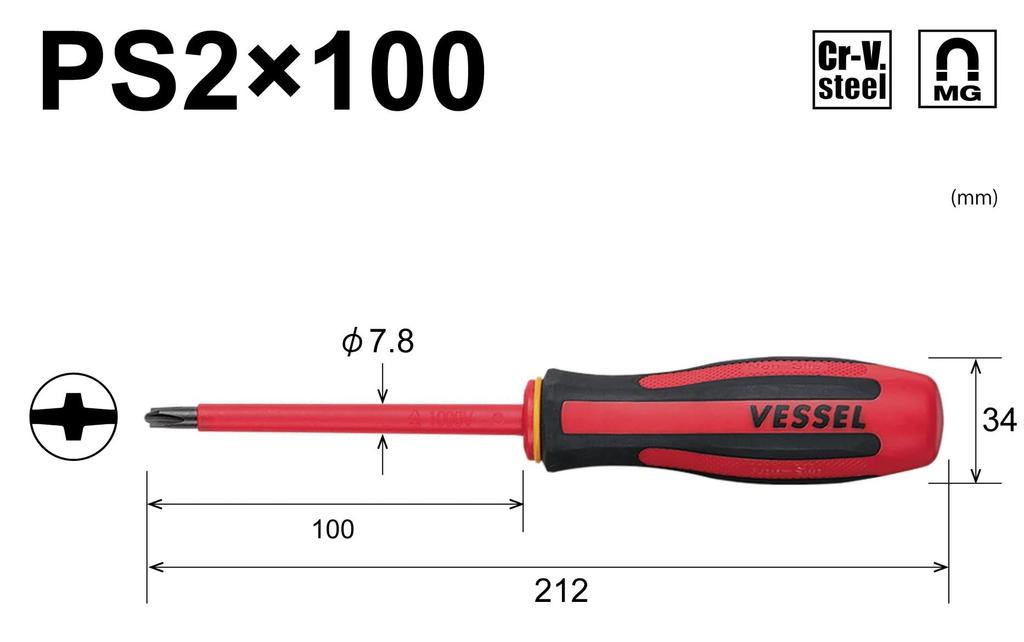 VESSEL Chave de Fenda Isolada Megadora para PS2 x Choque Elétrico Norma VDE 960PS Plus/Minuse Parafusos, 100, Prevenção, Certificada,