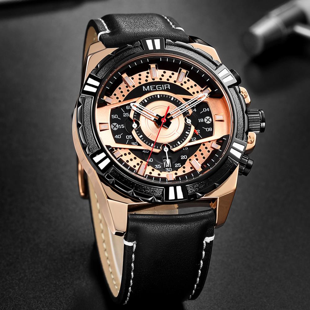 New Watches Men Luxury Brand MEGIR Chronograph Men Sports Watches Waterproof Leather Quartz Men's Watch Relogio Masculino