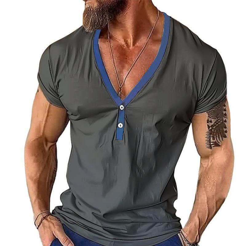Summer Men's Short-sleeved Henry Shirt Casual V-neck T-shirt