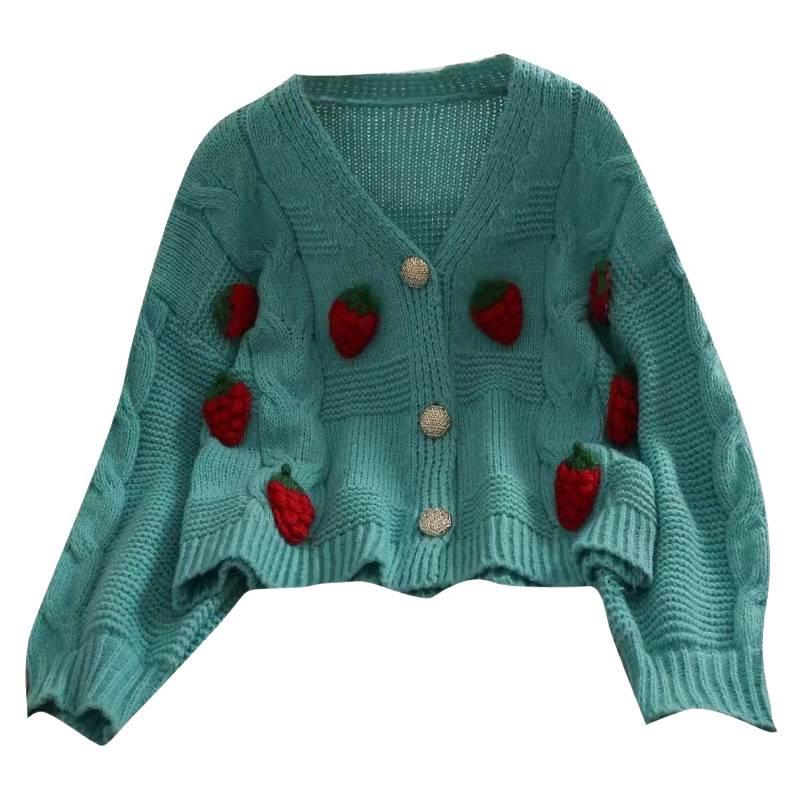Korean Style Strawberry Embroidered 3D Crochet Cardigan - Women's Chunky Knit Long Sleeve Autumn 2026