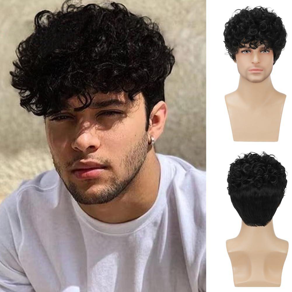 Men Short Curly Black Wigs Daily Cosplay Costume Synthetic Brown Hair With Bangs High Temperature Fiber