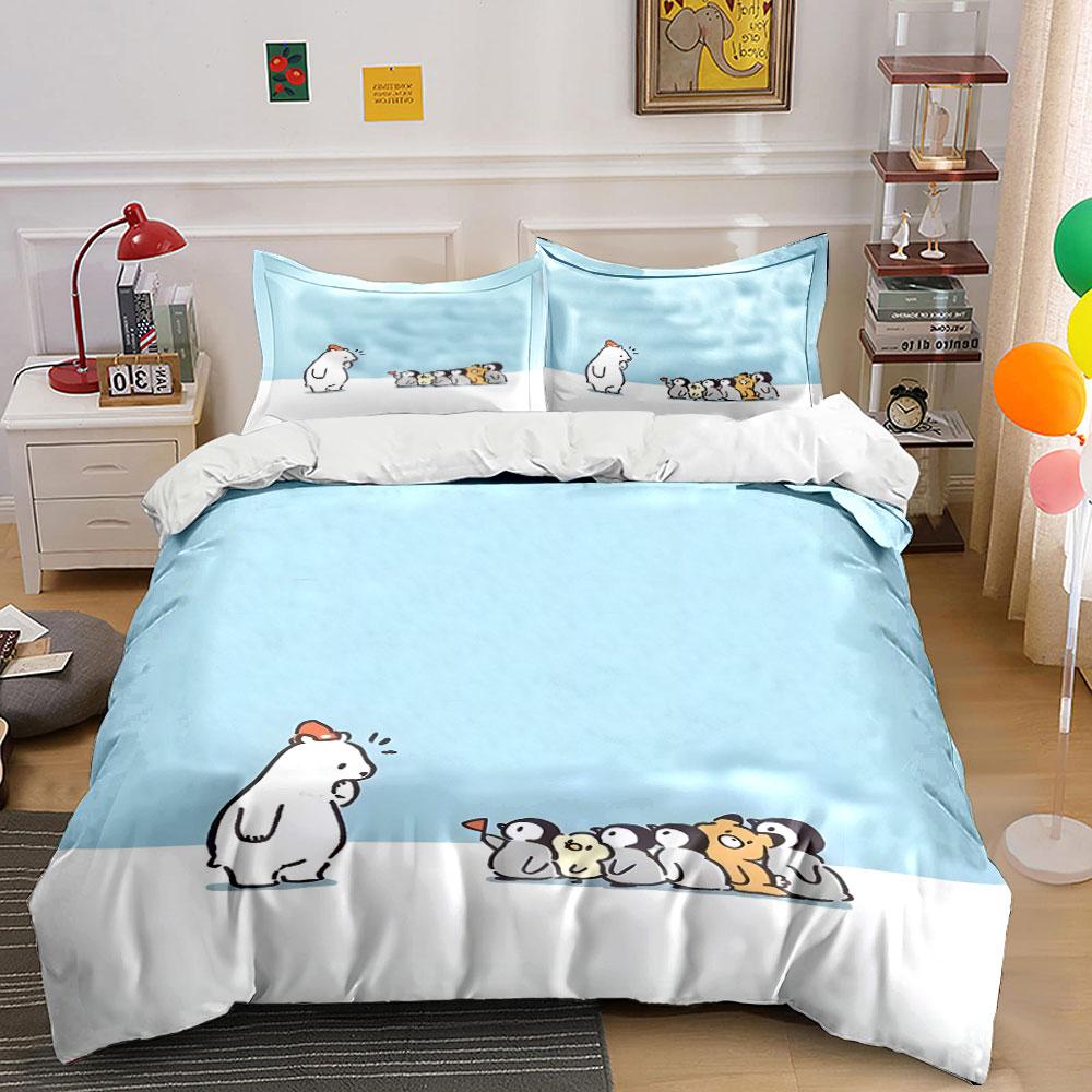 Fun Cartoon Polar Bear And Penguins Duvet Cover Set With 3D Printing Design Soft Polyester Bedding Set All-Season Comfort