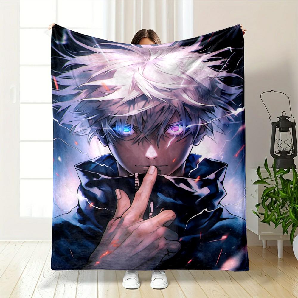 White-Haired Anime Character with Glowing Eyes Flannel Blanket for Bedroom, Living Room, Sofa, and Nap Sofas